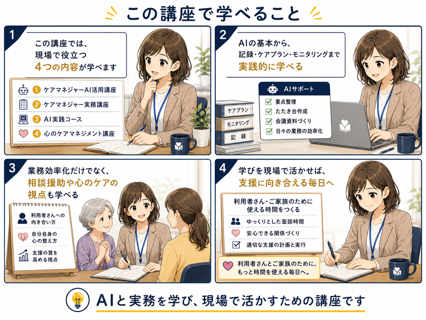 地域ケアAI実務アカデミーで学べる内容を紹介する四コマ